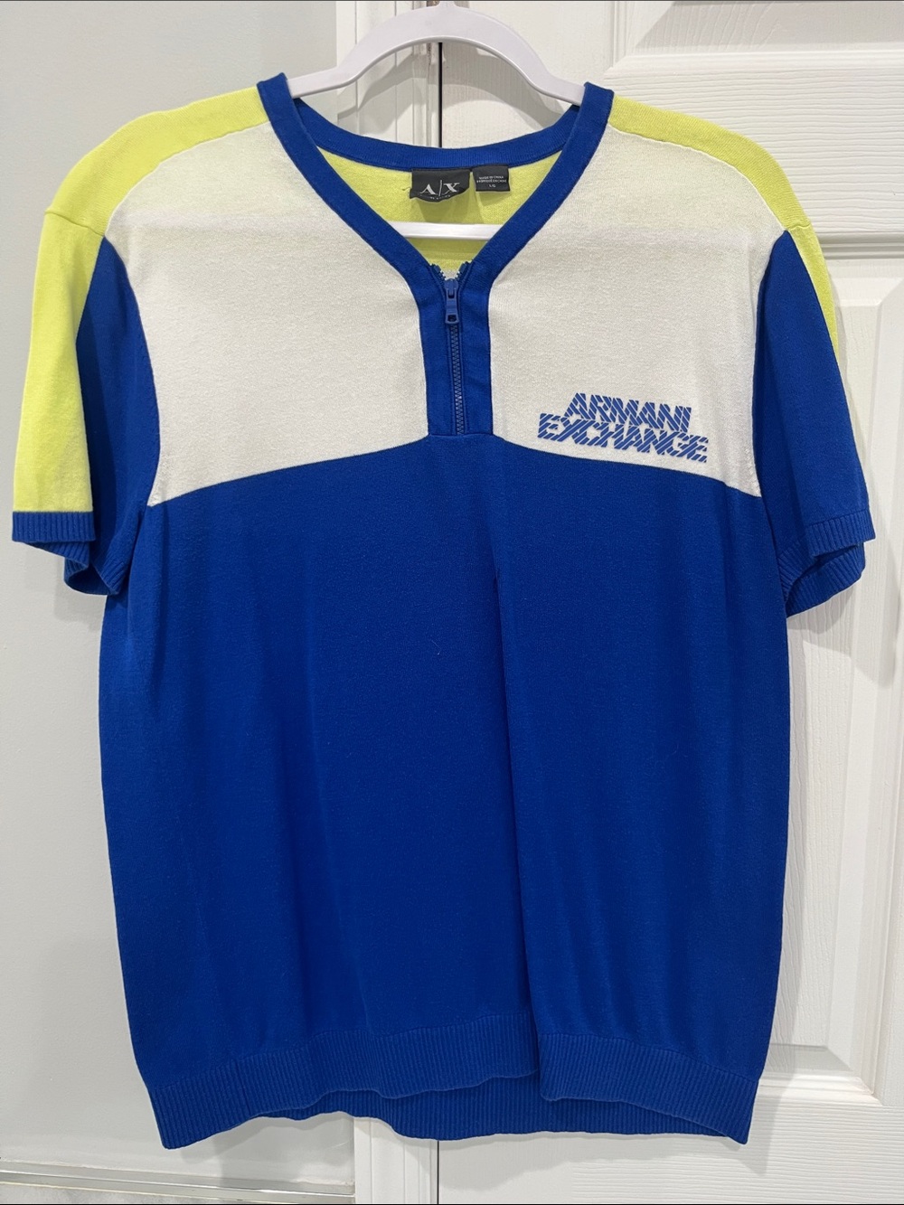 Armani Exchange Royal Blue White Neon Yellow Colorblock Zip Polo